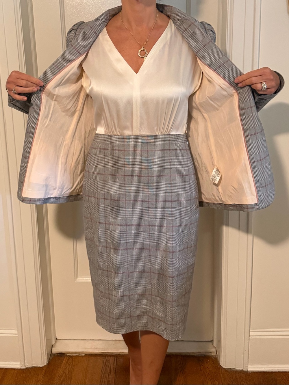 Rebecca Taylor Gray Plaid Pencil Skirt with Pink Windowpane